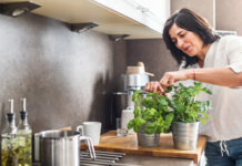 Woman potting plants for windowsill garden
