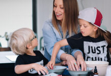 Woman baking with her children