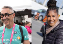 Employees living Foresters Purpose in their communities A man and a woman smiling while attending a volunteer event