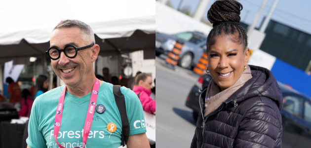 A man and a woman smiling while attending a volunteer event