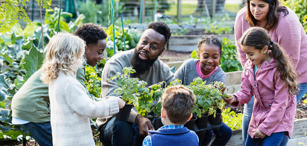 A group of kids gardening